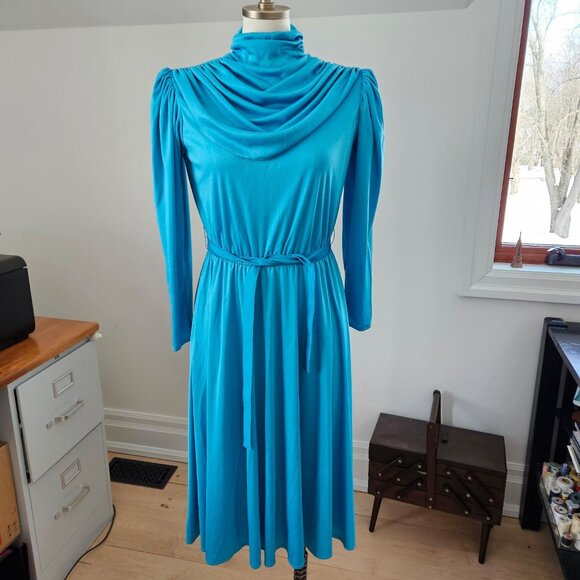 Vintage 70s Teal Draped Cowl Neck Dress - Picture 3 of 4